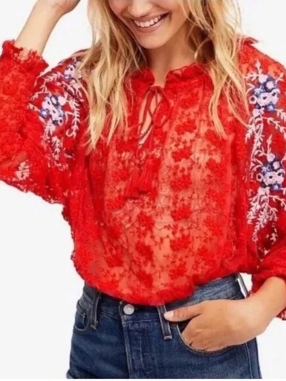 Free People Jubilee Floral Embroidered Sheer Mesh Top Red Boho Blouse Size S